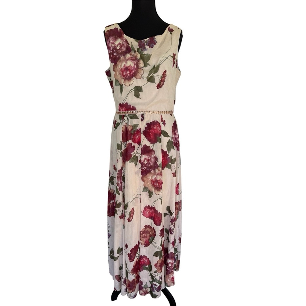 Floral Sheer Metallic Weave Rhinestone Waist Sz 8 Romantic Tea Length Dress - Picture 2 of 9